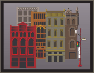 Main St. Façade — stylized painting of Main Street storefronts with a red lamppost