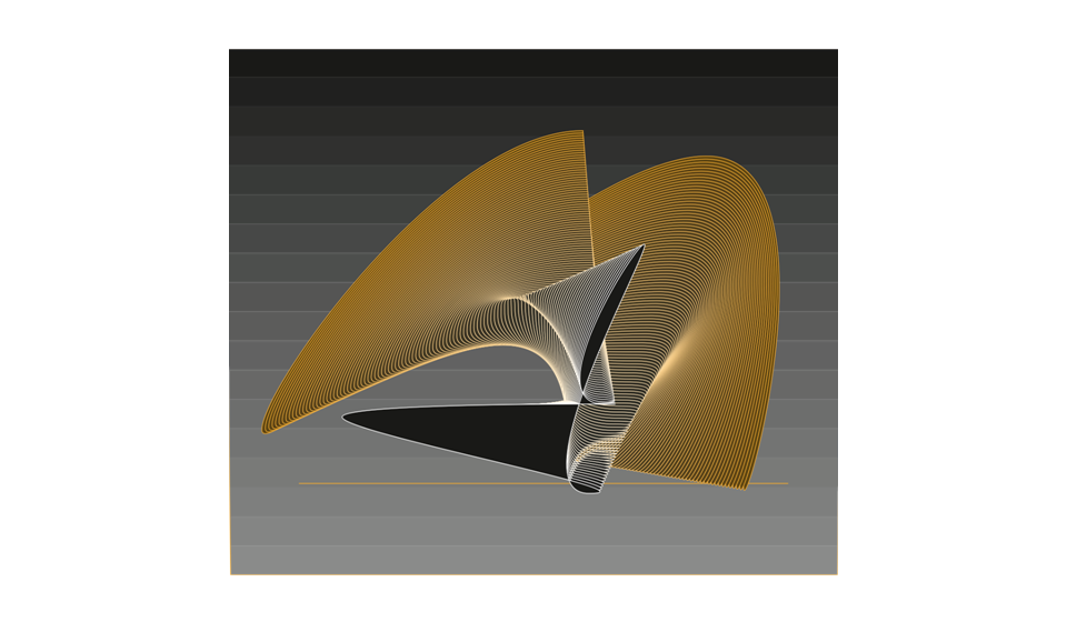 Apple Art D021: sweeping fan-like forms built of hundreds of fine gold and white vector lines on a graded gray field
