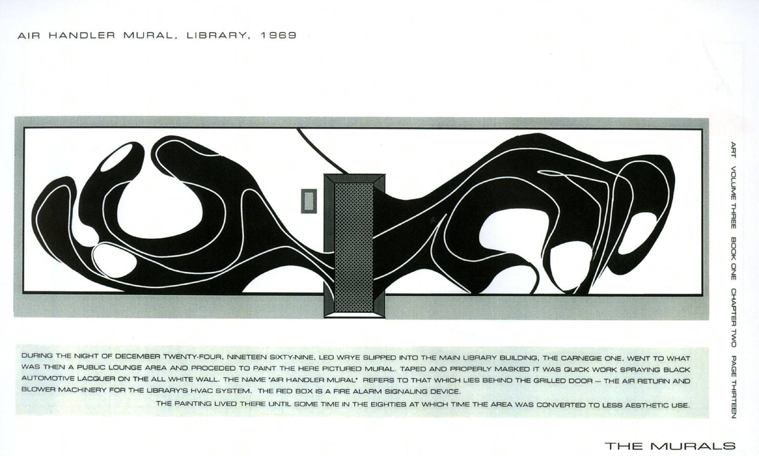 Page from A Wrye Life documenting the Air Handler Mural, a sweeping black organic form painted around a grilled air-return door