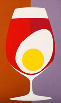 Egg in Cognac: a hard-edge painting of a snifter holding an egg, in red, yellow, white and violet