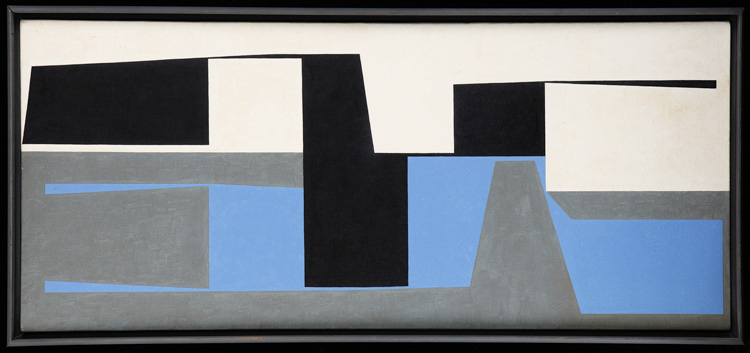 Intralocke (#14), oil on canvas, 1952 — hard-edged geometric abstraction in black, cream, gray and blue