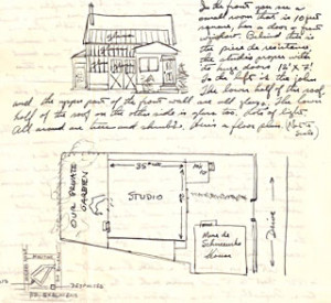 Hand-drawn letter home with a sketch and floor plan of the Paris studio