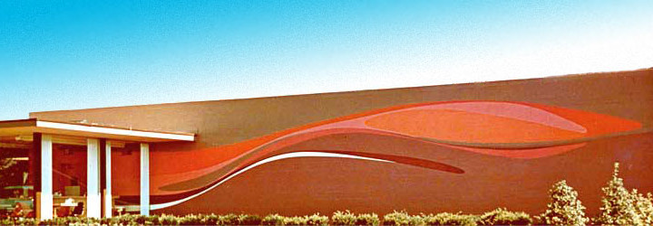 The Shelbyville Road rural-mural: sweeping red and orange forms across the long wall of a drive-in restaurant under a blue sky