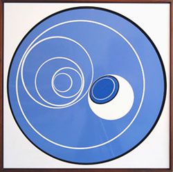 A Slu Ball: blue disc with eccentric white rings and a smaller inset disc, in a pale frame